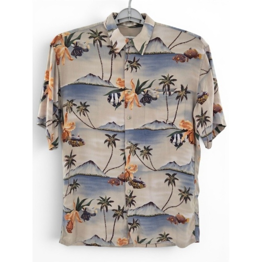 Campia Men's Hawaiian Shirt M 100% Rayon Tropical Fish Palm Tree Beach Vacation